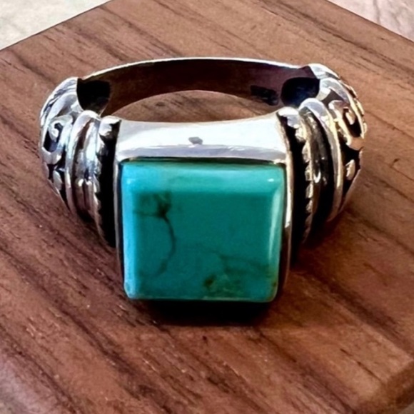 Vintage Square cut Turquoise Ring Handmade Solid 925 Sterling Silver about sz. 7 - Picture 1 of 16